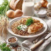 Куриные котлетки под сметанным соусом с гречкой